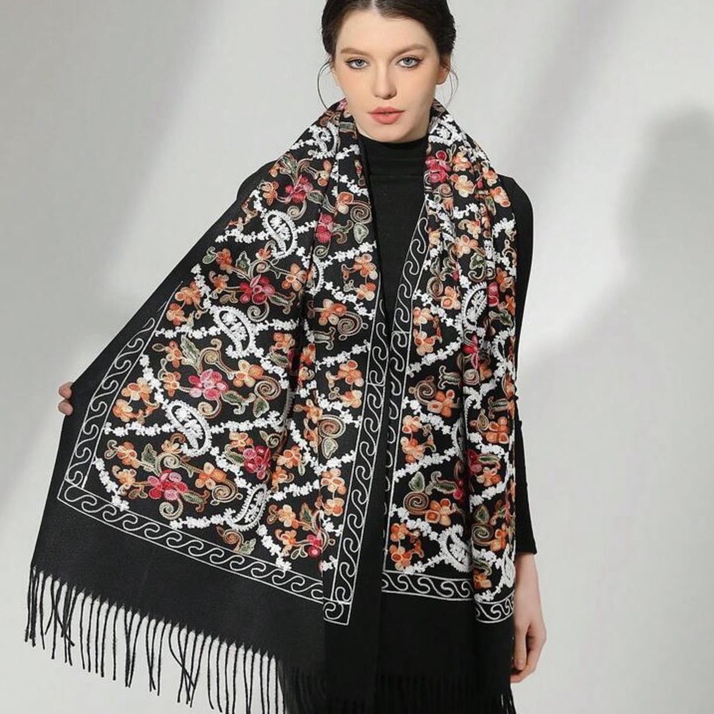 Women Shawls Embroidery Flower Wrap Soft Imitation Cashmere Scarf Tassels
